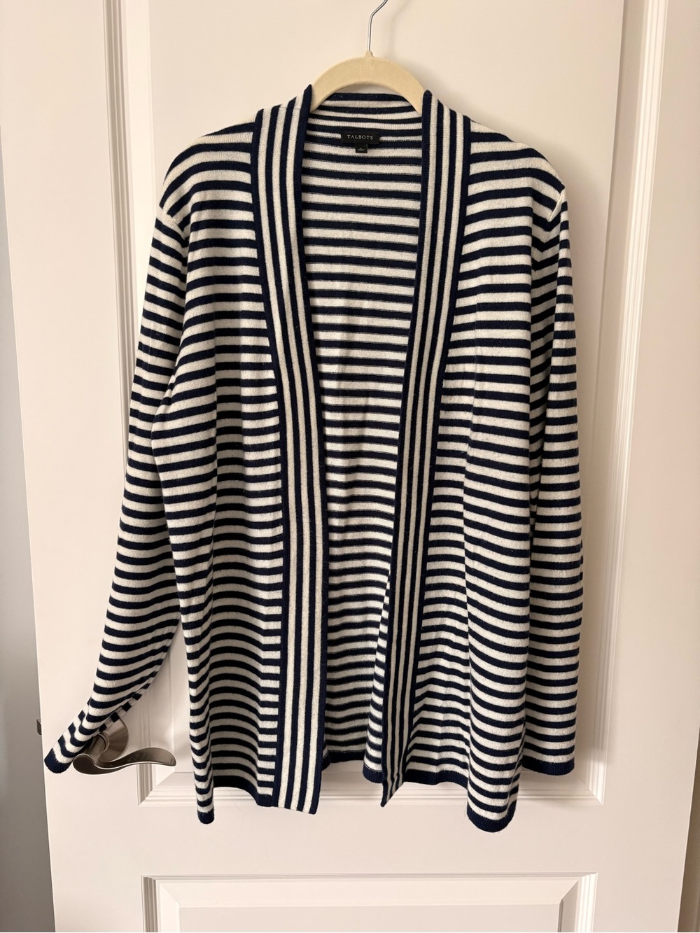 Talbots Navy and White Striped Open Cardigan